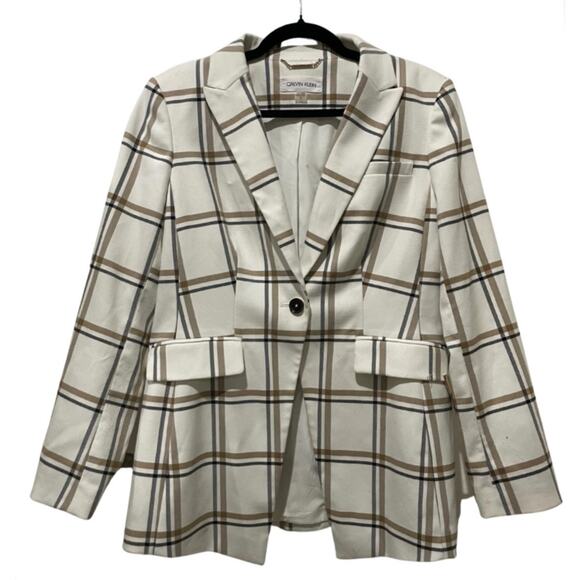 Vintage Calvin Klein Women's Plaid Single-Button Cream Tailored Blazer Size 10 - Picture 2 of 4